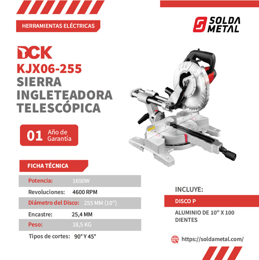 Sierra Ingleteadora Telescópica 10″ 1650W/ Corte a 45° y 90° KJX06-255 DCK