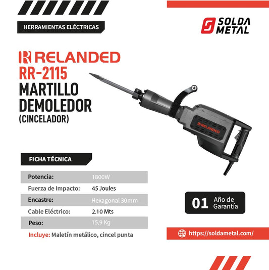Martillo Demoledor 1800W 45 J Cincelador Hex 30mm RR-2115 – RELANDED