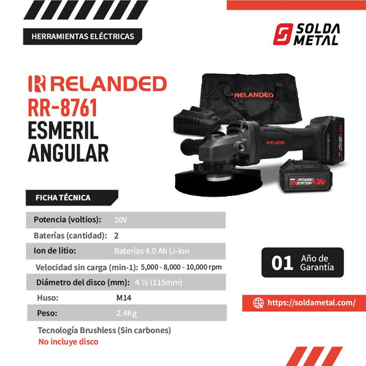 Esmeril Angular 4 1/2″ 20V Brushless RR-8761 – Relanded