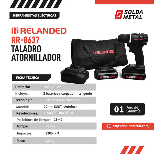 Taladro Atornillador 20V Brushless + 2 Baterias + Cargador RR-8637 – Relanded