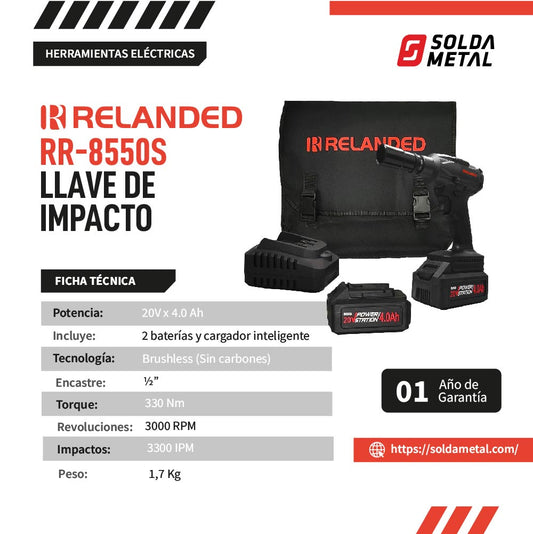Llave De Impacto 20V Brushless + 2 Baterias 1/2″ + cargador RR-8550S – Relanded